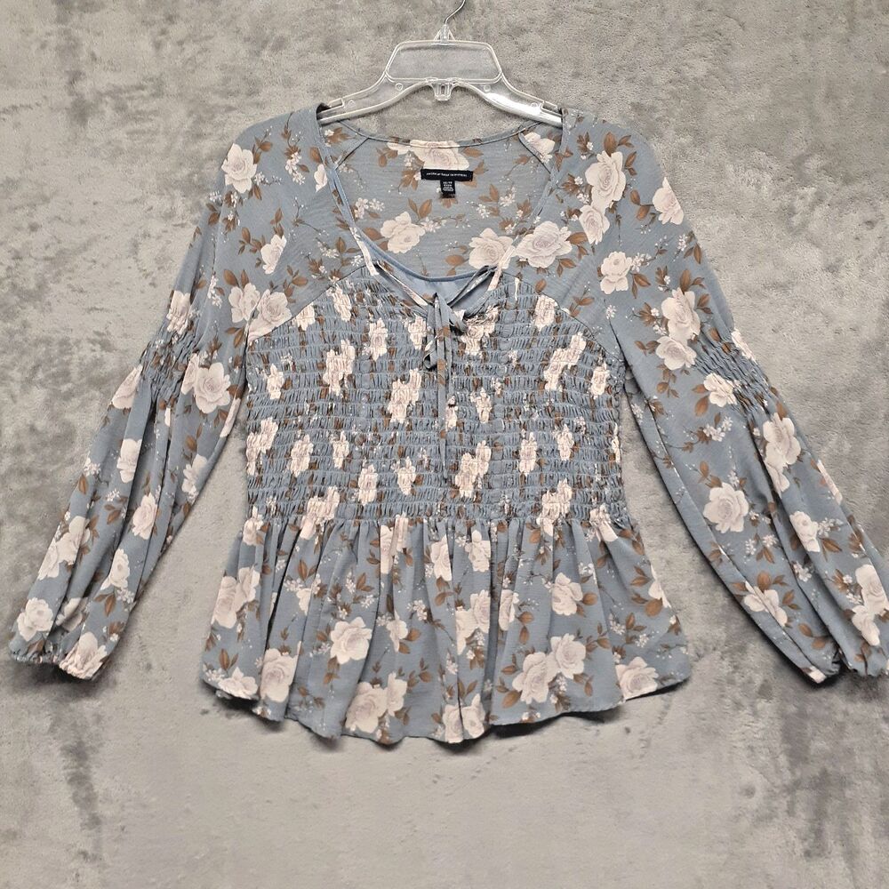 American Eagle Top Women Sz XS Blue Floral Ruffle Long Sleeve Tank Layer Blouse